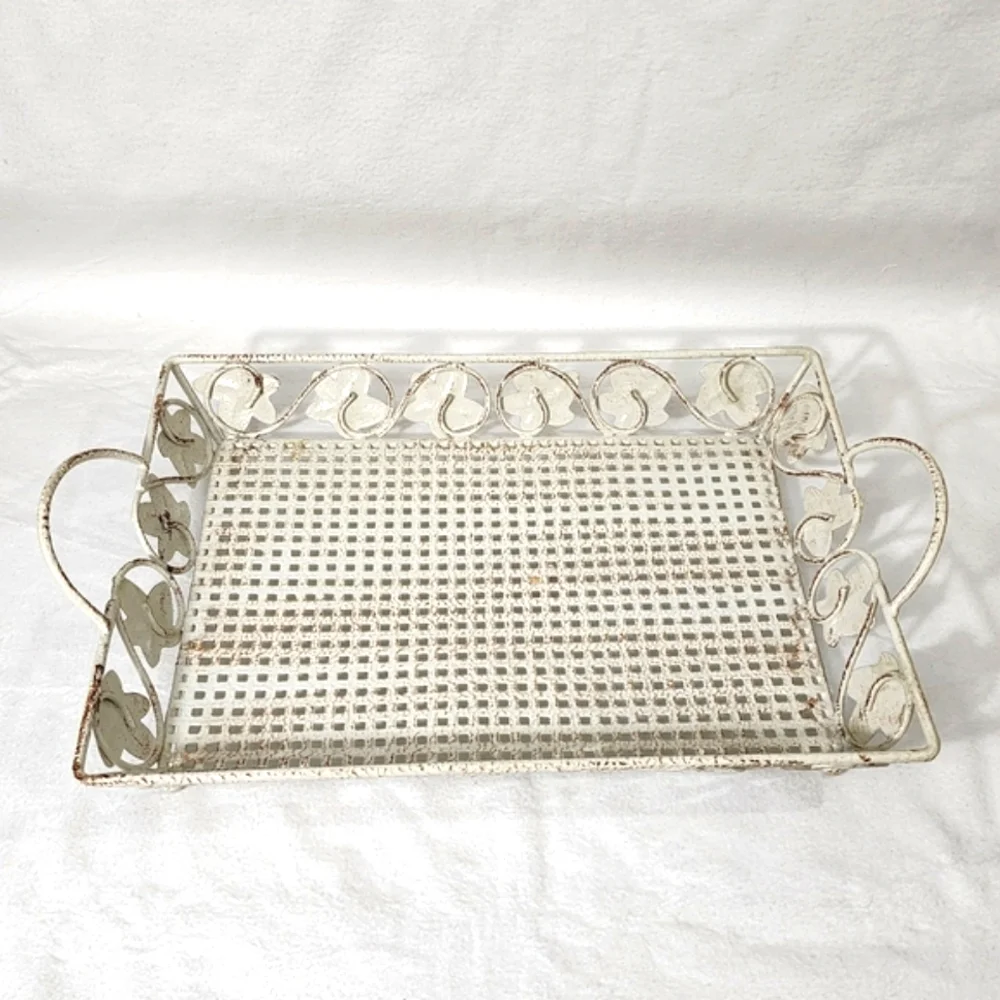 Vintage Style Shabby Chic Metal‎ Footed Tray Basket Like New